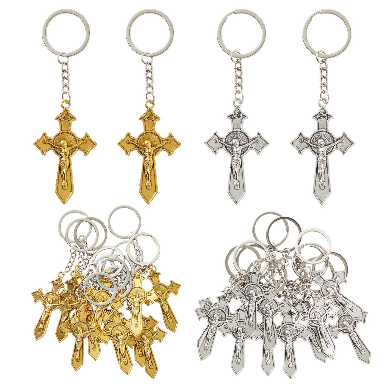 Juvale Metal Cross Keychain Set - Baptism & Christening Key Chains Favors - Durable Metal Design - 24-Pack, 3.6 in, Silver & Gold